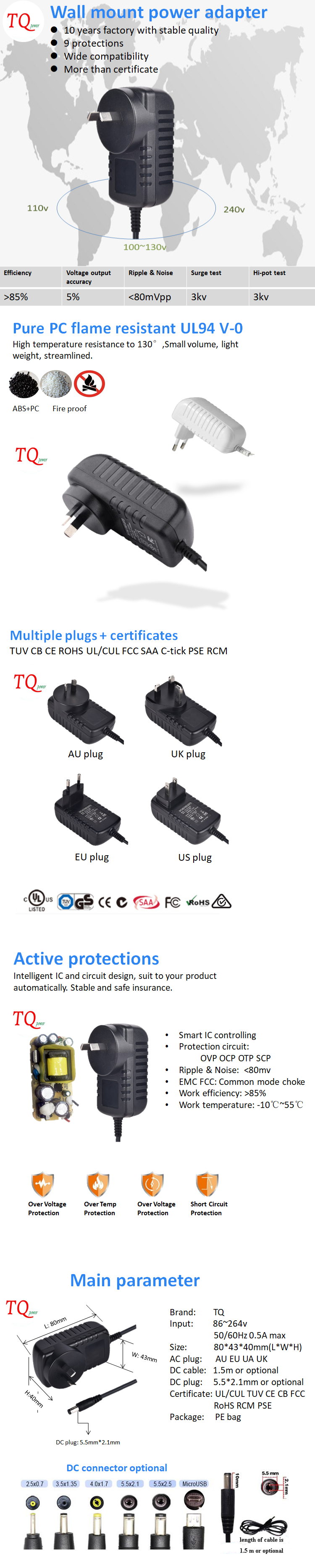 12.6v 1.5a ac dc power supply EU US UK AU plug adapter with UL CE CB FCC RoHS TUV RCM certificate