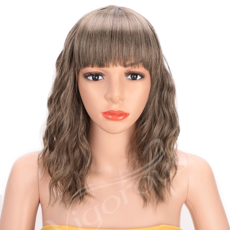Vendors Colorful Fiber Brown Bob With Bang Cut Short Water Curly Heat Resistant Cheap Cosplay Synthetic Hair Wig