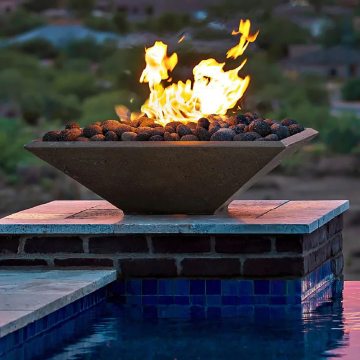 Outdoor Swimming Pool with Copper Round Gas Fire Bowl and Waterfall in Tempe