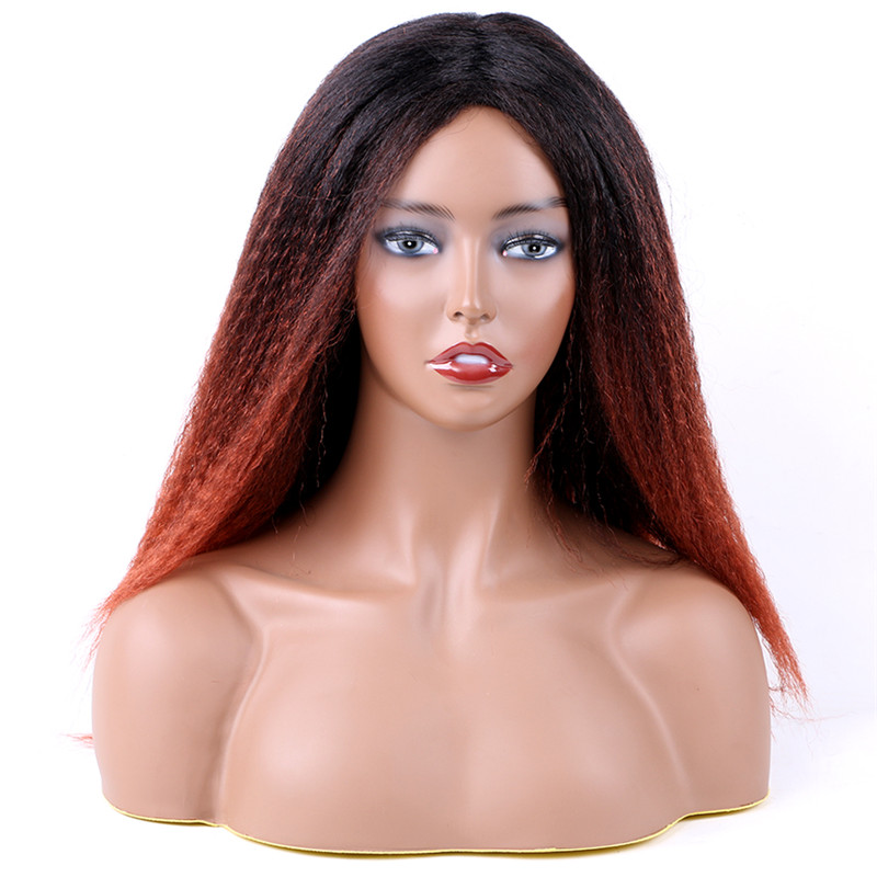 Ombre Wigs Afro Fluffy Yaki Kinky Straight Synthetic Perm Marley Hair Wig Non Lace Machine Sewing Wig 14inch