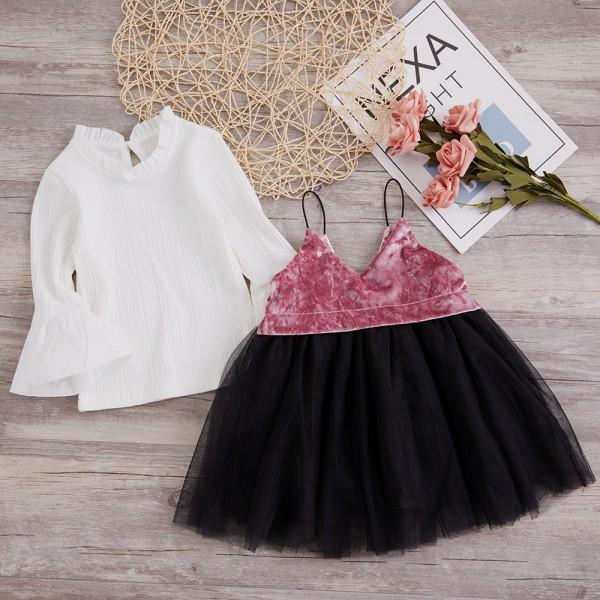 Children's Wear Velvet Sling Skirt Flared Sleeve Top