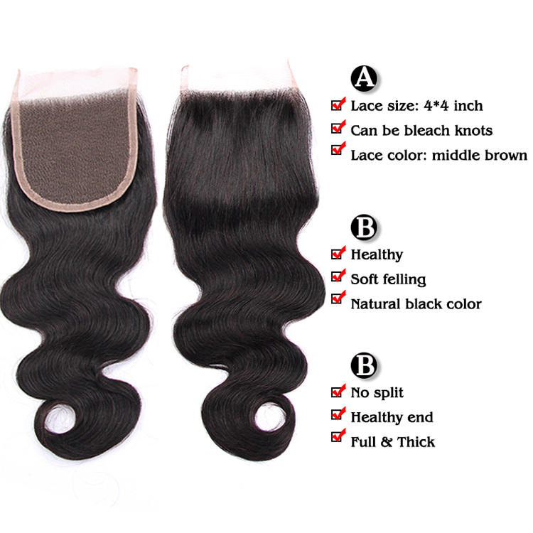 Wholesale virgin hair vendors body wave middle/free/three part closure natural color 4*4 swiss lace closure