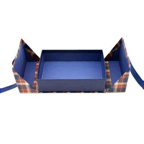 Two Doors Opening Plaid Box With Ribbon Closure