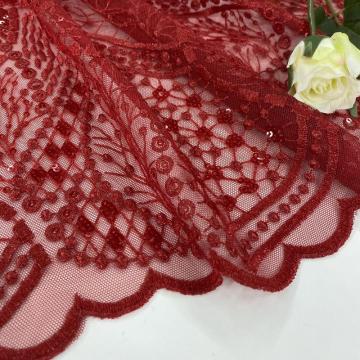 Red Sector Sequin Embroidery Fabric With Scallop