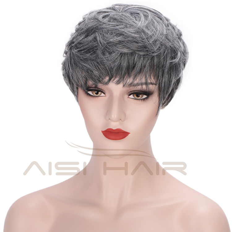 Aisi Hair Heat Resistant Fiber Straight Short Hair Bob Wigs with Neat Bangs Grey Mixed Black Short Bob Wigs for Women