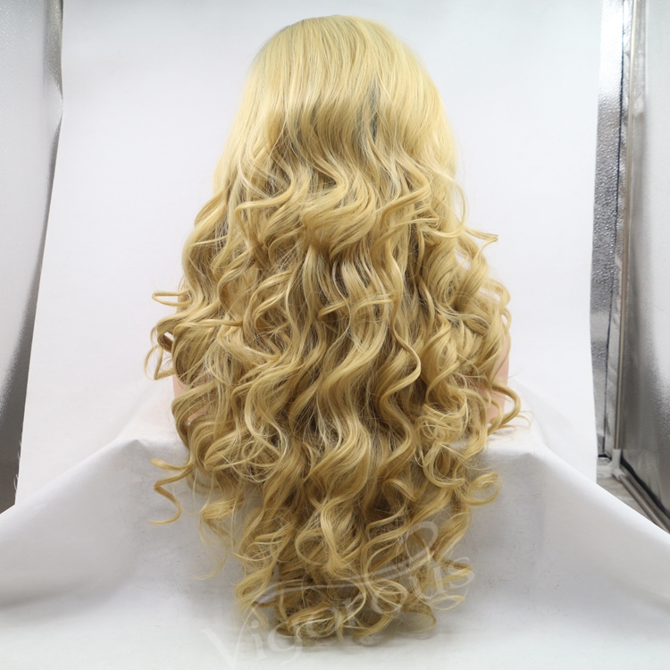 Vigorous ombre gold long premium high quality straight wave wholesale black women synthetic hair wigs with lace front