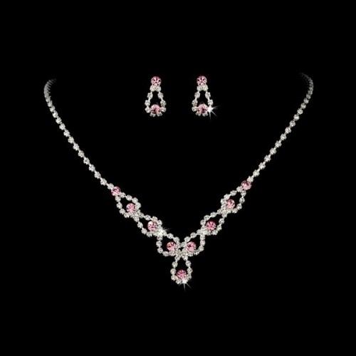 Sparkling Pink Crystal Rhinestone Necklace&Earring Set Bridal Jewelry Set