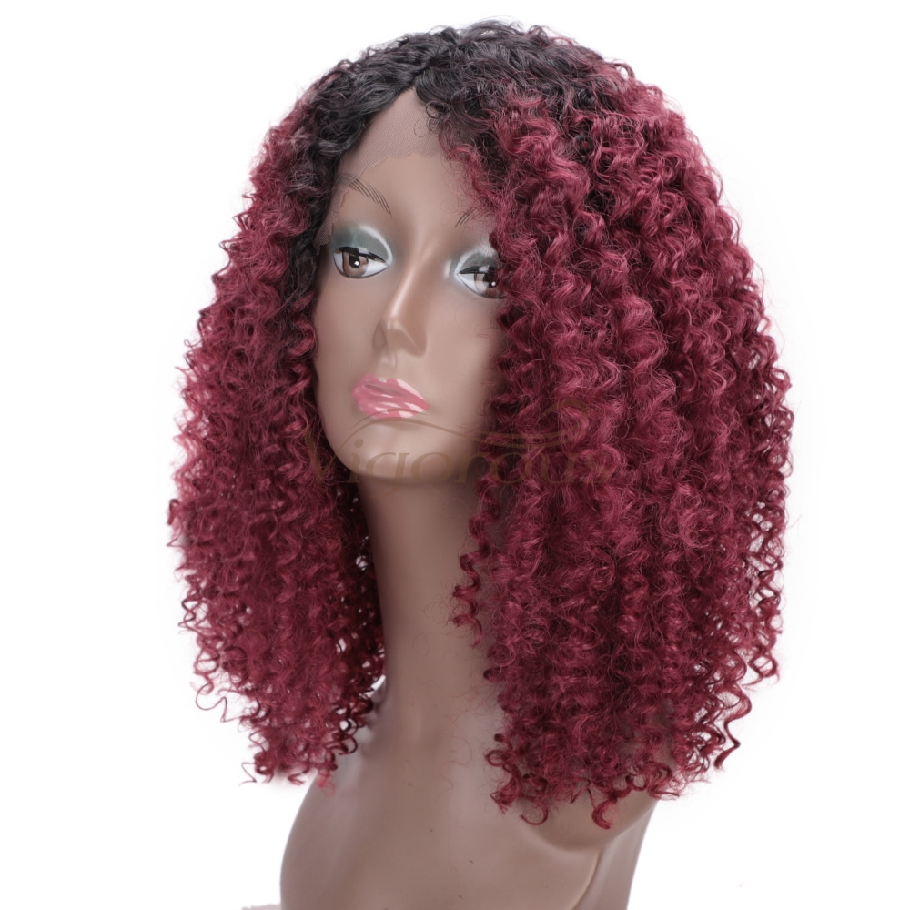 Vigorous Hair Ombre Wine Red Synthetic Lace Front Wig Short Kinky Curly Wigs for Black Women Daily Party Cosplay Wig 16 Inch