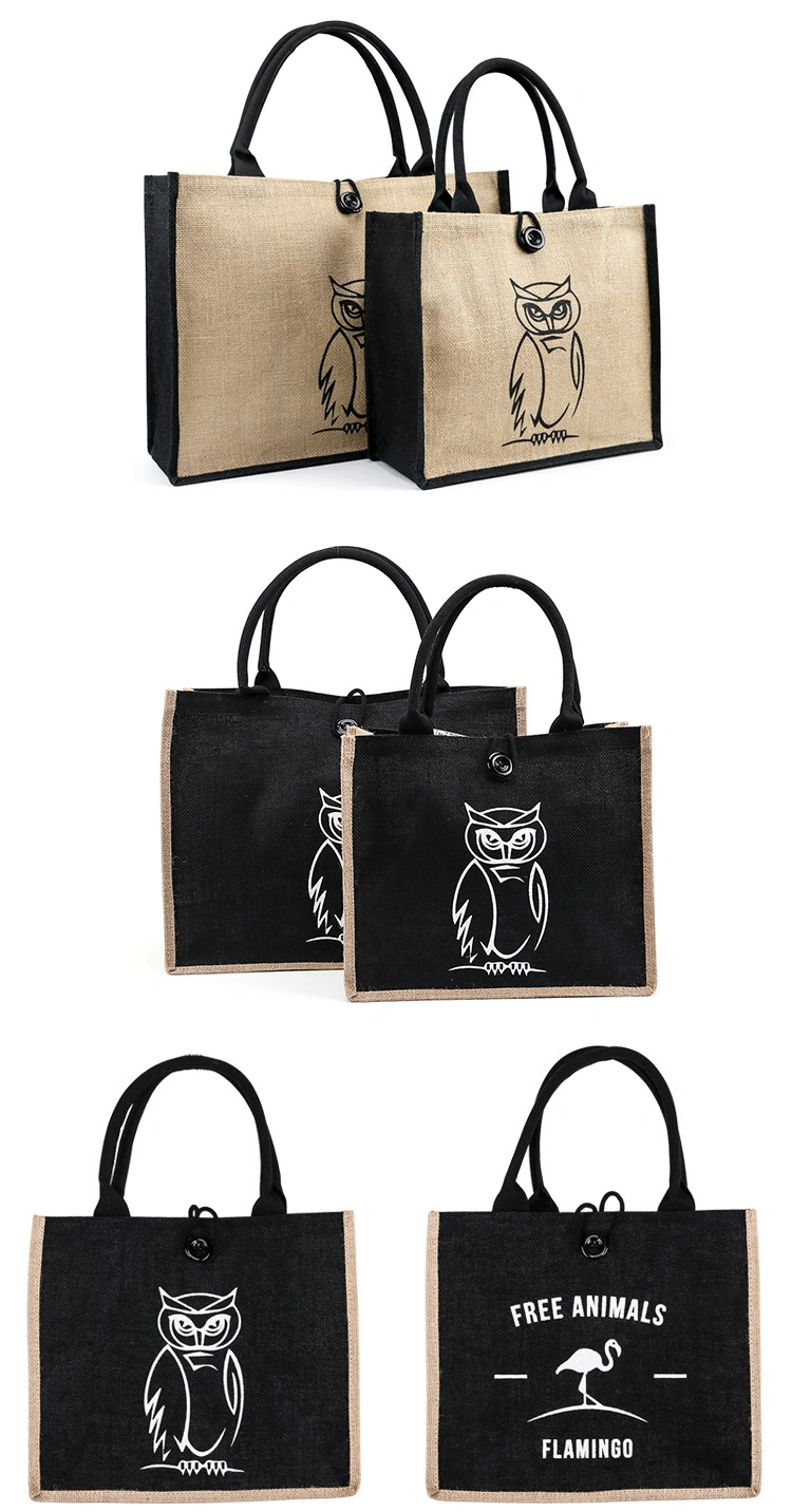 China Manufacturer Custom Printing Black Burlap Flamingo Burlap Printing Tote Recycled Shopping Bags Jute Grocery Bag