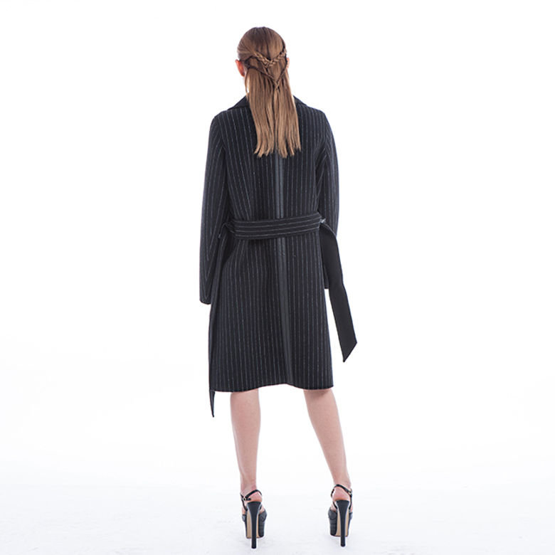 Black Striped Winter Coat with Belt