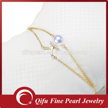 18k solid gold thin chain women Akoya pearl friendship bracelet