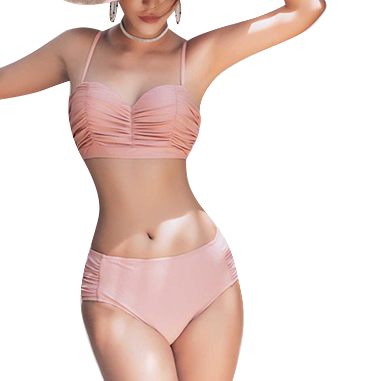 Private Label Customized Bikini Wrinkle Sexy Swimwear Beige Two Pieces Swimsuit