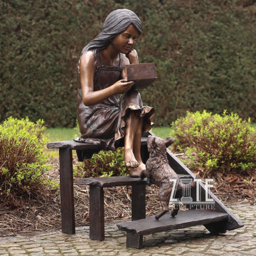 Outdoor Garden Statue Bronze Girl on Steps with Dog Sculpture