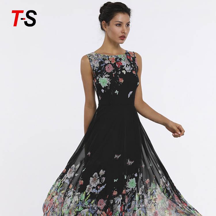 New 2019 print evening dress round neck sleeveless floral dress