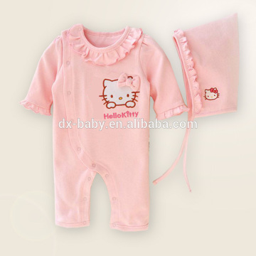 100% cotton long sleeve baby girls organic romper+hat