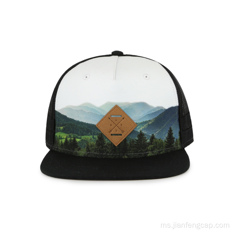 sublimasi snapback hat PU patch dengan logo debossed