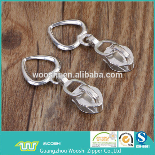 Wooshi Brand high quality silver plating metal nylon zipper head,zinc alloy zipper slider+customized puller for boots