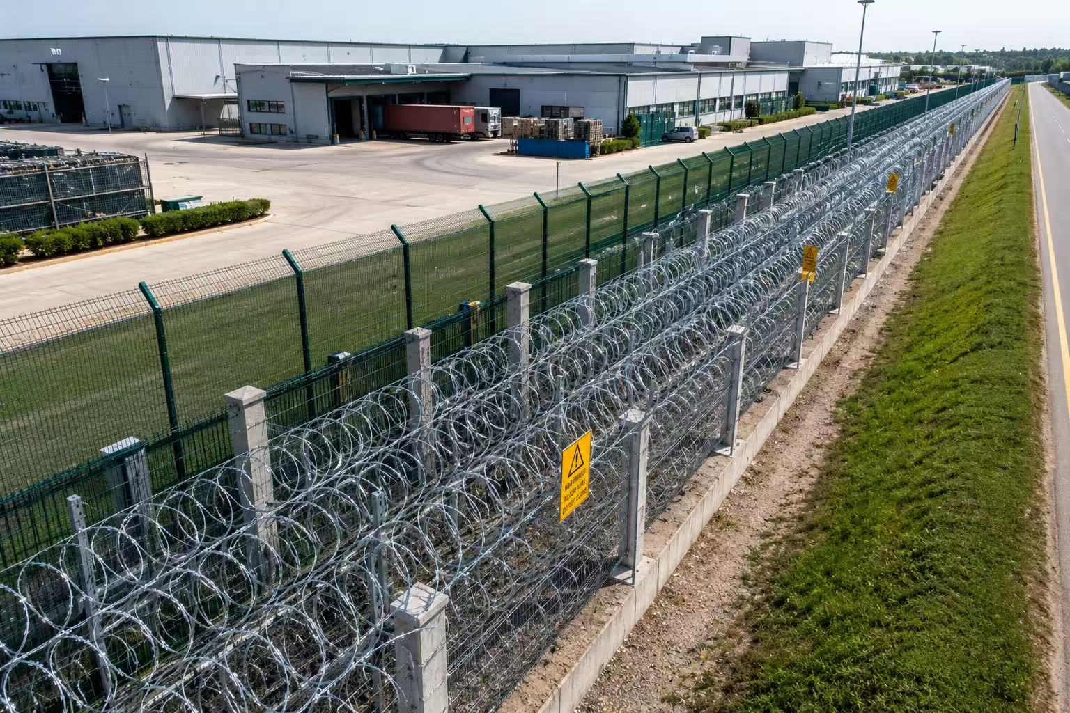 Dreireihiger Stacheldrahtumfang | ANJIA Aerial view of triple-row razor wire installation along industrial perimeter