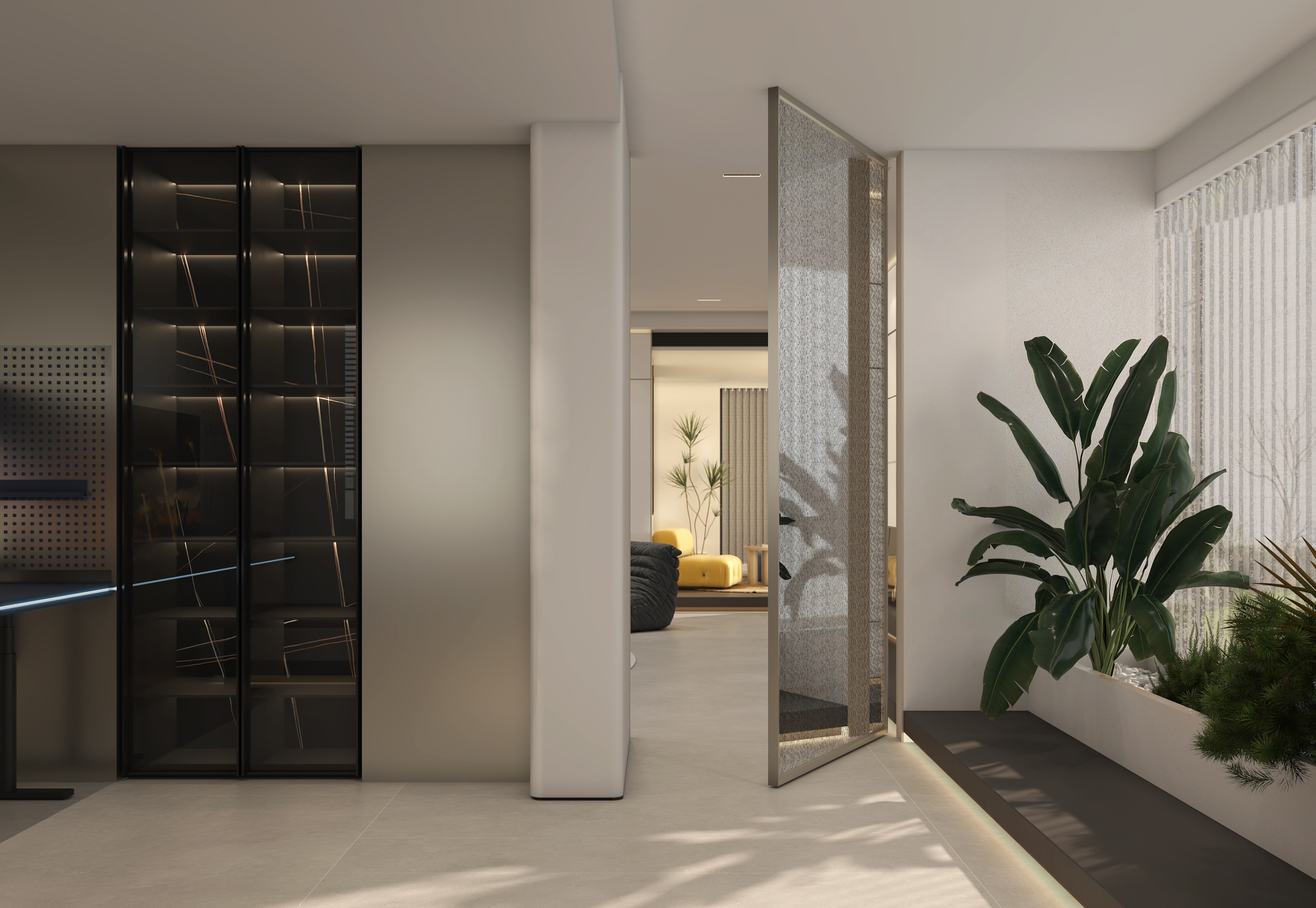 Vista interna principal da porta pivotante Blaze offset