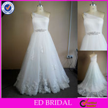 NC140 Simple But Elegant Crystal Beaded Lace Appliqued Real Sample One Shoulder Wedding Dress