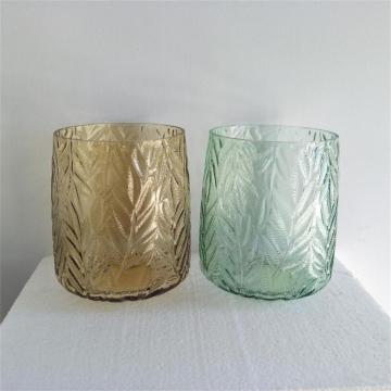 Embossed Leaf Pattern Colorful Glass Vase