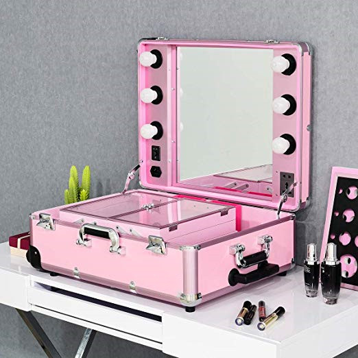 Aluminum professional rolling makeup case with lights