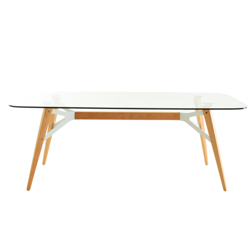 Modern dikdörtgen ahşap ve cam yemek masası