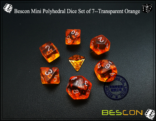 Juego de dados Bescon Mini Polyhedral de 7 - Naranja transparente-3 Bescon Mini Polyhedral Dice Set of 7--Transparent Orange-3