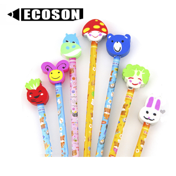 Cute Children's Pencil Top Erasers Set with Wooden HB Pencils