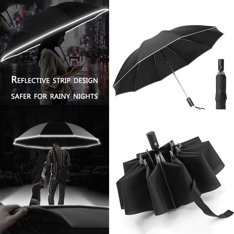 Xiaomi LED Automatic Windproof Umbrella With Reflective Stripe Reverse Light Umbrella Three Folding Inverted 10 Ribs Umbrellas