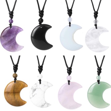 Gemstone 35MM Moon Pendant Necklace Adjustable Rope Women Men