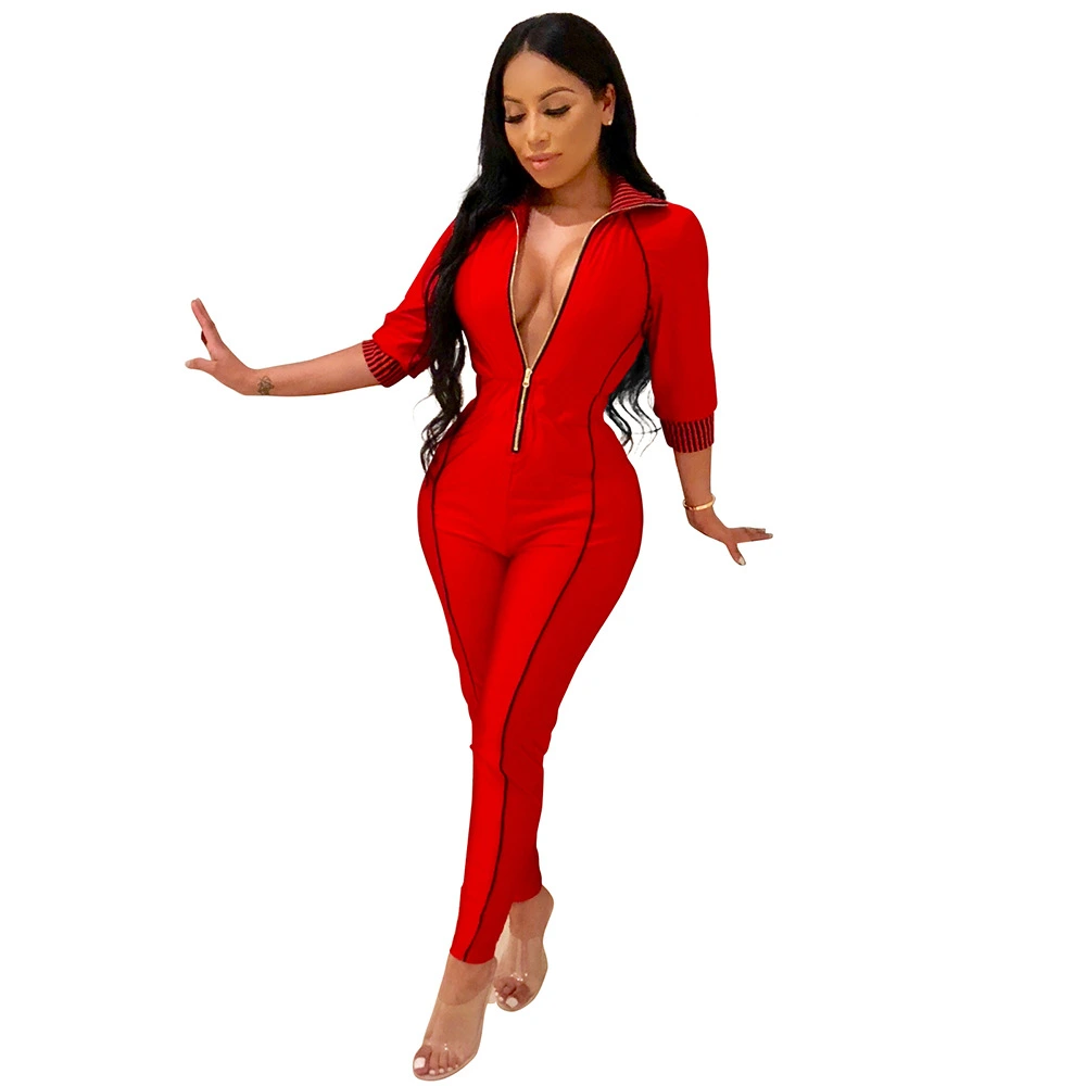 Fashionable Newest Commodity Fall Autumn Collared Fitness Jumpsuits Woman Custom Zip up Long Sleeve Jumpsuit