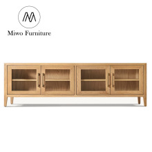 French Contemporary Oak Wood 4 Door Media Console with Drawers TV Stand