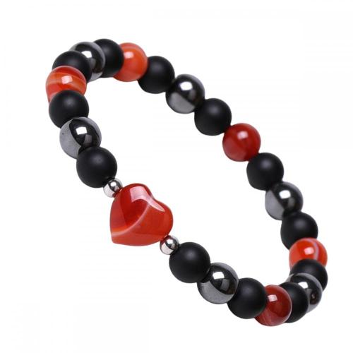 Natural Stone Heart with 8MM Round Gemstone Stretch Elastic Bracelet for Men Women Crystal Round Beads Bracelet