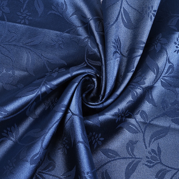 Cheap price plain dyed blue 100% polyester satin jacquard curtain fabric for wholesale