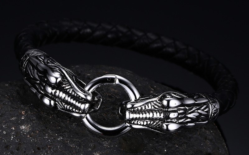 Mens Double Dragon Head Charms Hook Leather Bracelet