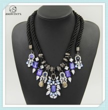 New Arrival Bohemian Colorful Rhinestone Black Double Layered Rope Chian Necklace, Purple Rhinestone Choker Necklace