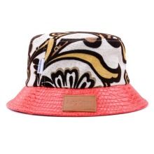 Custom print pattern canvas bucket cap with leather patch