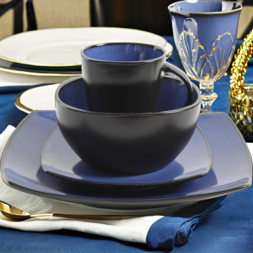 Gibson Soho Lounge Square Reactive Glaze Sustainable 4-Piece Ceramic Dinnerware Set, Sapphire Color