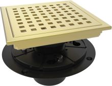 6 Inch Square Shower Floor Drain with Quadrato Pattern Grate, Food-Grade SUS 304 Stainless Steel, Brushed Gold