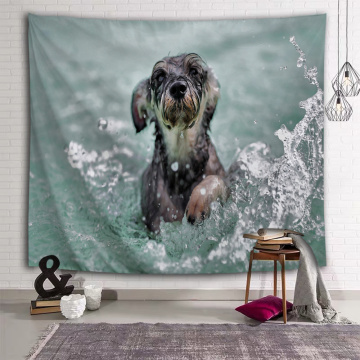 Dog Playing with Water Tapestry Schnauzer Animal Wall Hanging 3D Print Wall Tapestry for Kids Livingroom Bedroom Home Dorm Decor