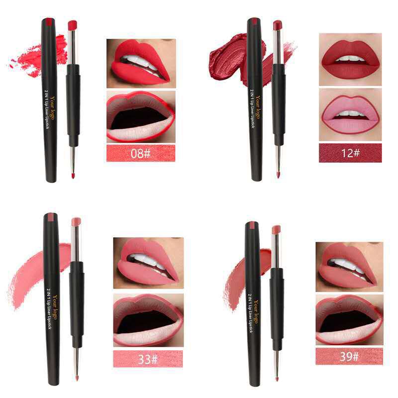 12 color Double ended lipstick lip liner Matte lip stick 2 in 1 multifunctional lipstick pvc waterproof Lip stick pen