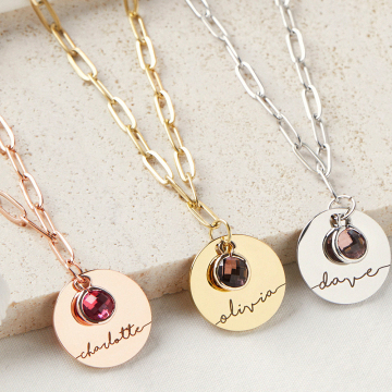 Customizable Paperclip Necklace with Zircon, Gold, Round Stainless Steel, Personalized Name, and Birth Flower Design