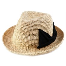 Best quality cute bowknot decoration raffia straw women fedora hat