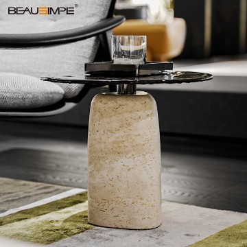 Contemporary Side Table with Stone and Glass Elements