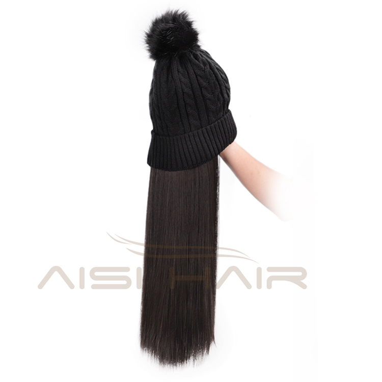 Aisi Hair Synthetic Black Long Straight Silky Cap Hair Knit Slouchy Hat Fiber Hair Extension With Cap For Black White Women