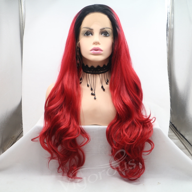 Vigorous bug ombre long straight premium high quality wholesale black women synthetic hair wigs with lace front