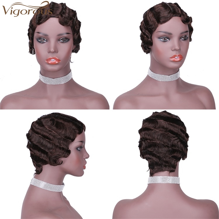 Vigorous Wholesale Price Top Quality Real Human Hair Finger Wave Wig Pixie Cut 4# Short Curly Wigs for African American Women