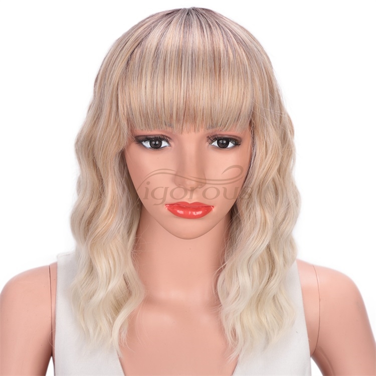 Vigorous Wavy Short Bob with Air Bangs Shoulder Length Curly  Synthetic Cosplay Ombre Blonde Bob Wig for Girl