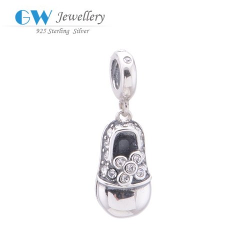 Elegant Lady Shoes Pendant CZ Stones Paved 925 Sterling Silver Beads